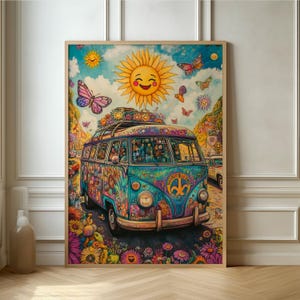 Groovy Van Sunshine Art - Vibrant Hippie-Inspired Poster, Colorful Flower Power Decor for Retro and Eclectic Spaces