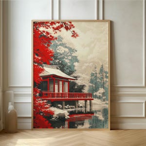 Pôster com Cena de Outono Japonês - Bordo Vermelho Vibrante e Arquitetura Tradicional, Ideal para Interiores de Inspiração Boho e Asiática