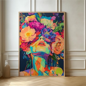 Florales Frauenportrait - lebendige Farben, zeitgenössische Wandkunst