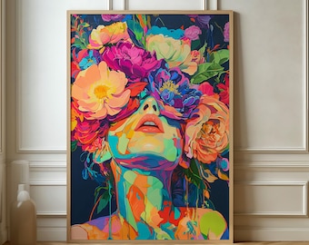 Impresión floral de retrato femenino: colores vibrantes, arte mural contemporáneo