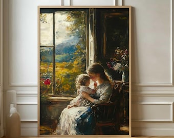 May include: A painting of a mother and child sitting by a window. The mother is wearing a white dress and the child is wearing a white dress with a blue sash. The window looks out onto a green landscape.