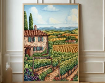 Puede incluir: Pintura en acuarela enmarcada de una escena de viñedos toscanos. La obra representa una casa de piedra con tejado de tejas rojas, contraventanas verdes y altos cipreses. Hileras de viñedos conducen a un paisaje de colinas.