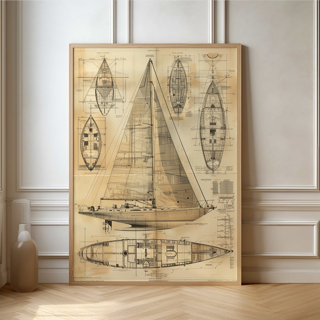 Vintage Sailboat Blueprint Poster - Nautical Boat Diagram Wall Art for ...