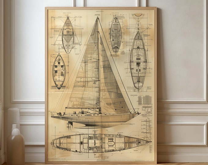 Vintage Sailboat Blueprint Poster - Nautical Boat Diagram Wall Art for Home Decor