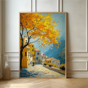 Camino de otoño dorado: cautivadora pintura impresionista, acogedor paisaje de pueblo para la decoración del hogar