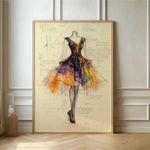 Lámina de ilustración de moda: póster con boceto de diseño de vestido vibrante para una decoración elegante del hogar.