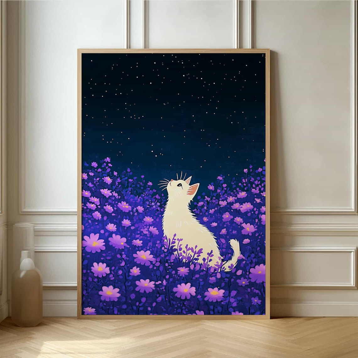 Whimsical Cat and Stars Poster - Magical Floral Art for Home Decor - Etsy