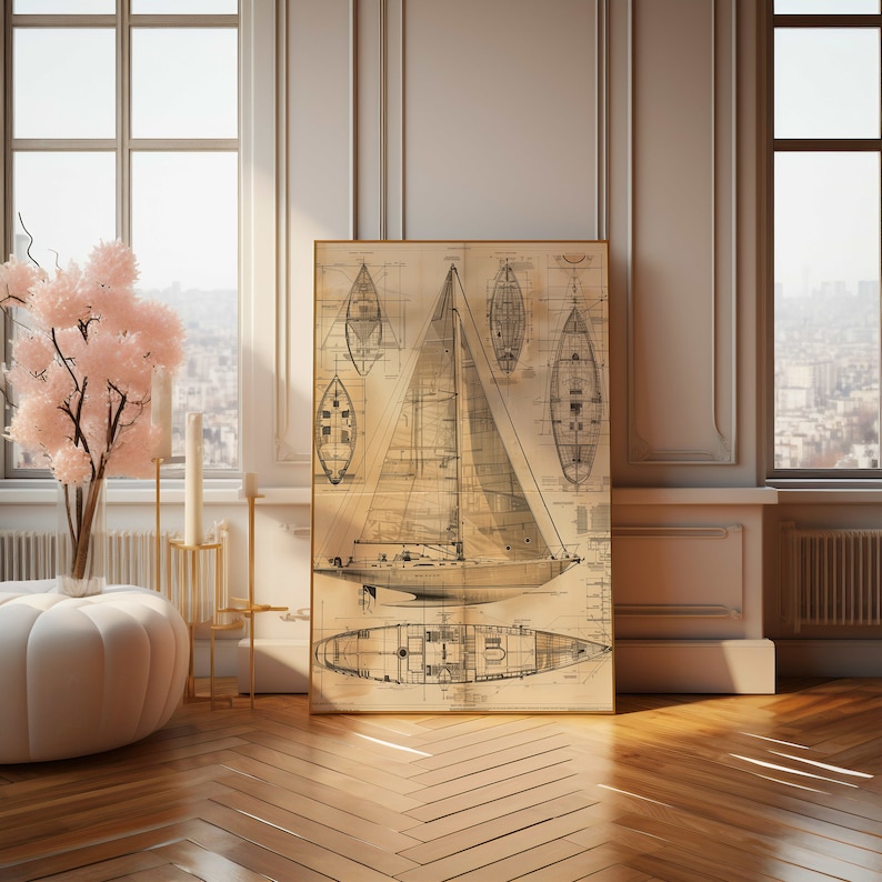 Vintage Sailboat Blueprint Poster - Nautical Boat Diagram Wall Art for ...