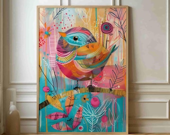 Whimsical Bird Art Print - Vibrant Modern Artwork for Living Room Decor