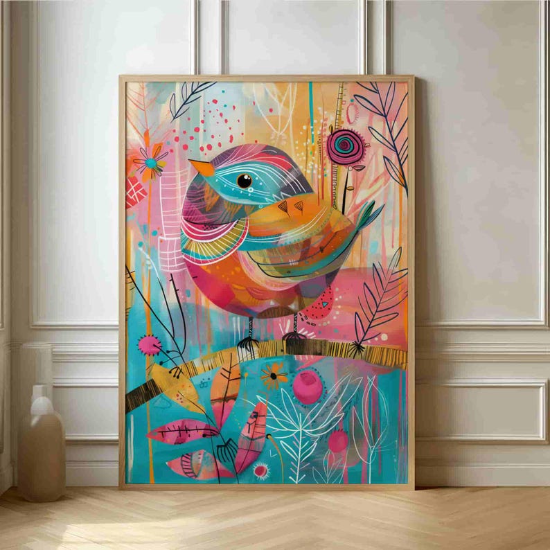 May include: A colorful abstract painting of a bird with a blue head and a yellow beak, perched on a branch with pink and green leaves. The background is a mix of pink, blue, and yellow.