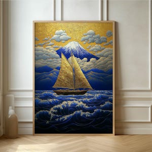 Majestätische Berg- und Segelschiffkunst - Lebendiges Gold und Blau Poster, das die Gelassenheit der Natur im japanisch inspirierten Stil darstellt