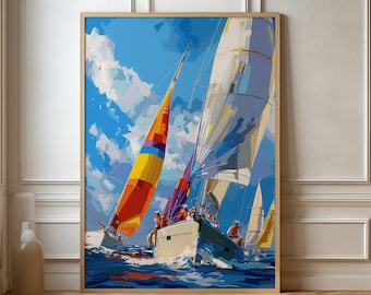 Pintura vibrante de regata de veleiros - Ideal para decoração de casa de praia - Pôster de iate