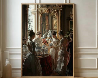 May include: A vintage photograph of five women in elegant dresses gathered around a table set with fine china and silverware in a grand, ornate room.