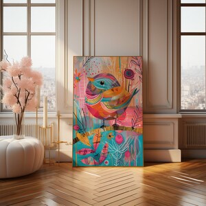 May include: A colorful abstract painting of a bird with pink, blue, green, and yellow accents. The bird is surrounded by flowers and leaves.