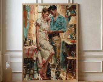 May include: A painting of a couple standing in a kitchen. The woman is wearing a white dress with a floral pattern and the man is wearing a blue shirt and brown pants. They are looking at each other and smiling.