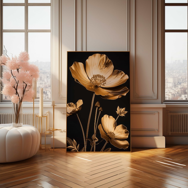 Modern Gold Flower Art Poster - Exquisite Metallic Gold Floral Wall ...