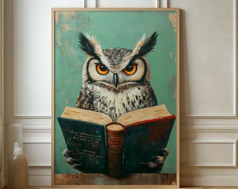 Puede incluir: Un búho marrón y blanco con ojos amarillos está leyendo un libro con una cubierta verde, azul y roja. El búho está sentado en una superficie de madera con un fondo verde.