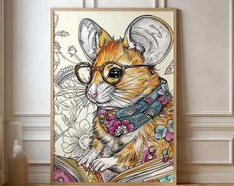 Charming Illustrated Mouse with Glasses and Floral Accents - Whimsical Home Decor Poster