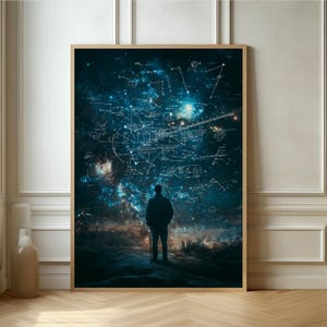 Kosmisches Wunder - Ätherischer Raum Kunstdruck mit einem Träumer inmitten einer Sternengalaxie und himmlischen Karten für ein modernes Dekor