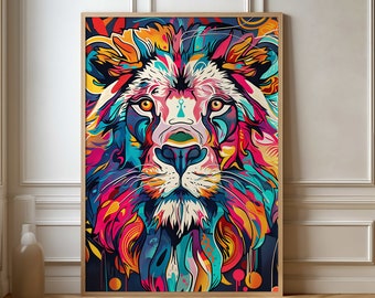 Bold Abstract Lion Poster - Multicolored Modern Animal Art Print