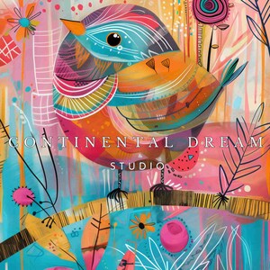 May include: A colorful abstract painting featuring a stylized bird with a long beak and a vibrant blue, orange, and pink color scheme. The background features a variety of floral elements and the text "CONTINENTAL DREAM STUDIO".