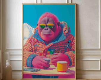 レトロなゴリラのアートプリント - コーヒーを飲むポップアートの猿