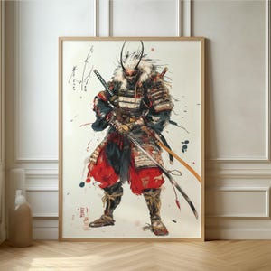 Arte de guerrero samurái feroz: póster ilustrativo dinámico, decoración de pared con un toque cultural asiático audaz para espacios contemporáneos