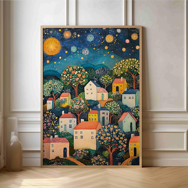 Charming Starry Night Poster - Folk Art Village Scene Wall Decor - Etsy