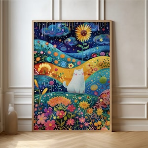 Katze im bunten Fantasy-Garten Poster - Wunderliche Nachtszene - Kunst