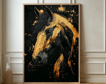 黄金の馬の頭のアートプリント：黒と金の乗馬装飾（デジタル