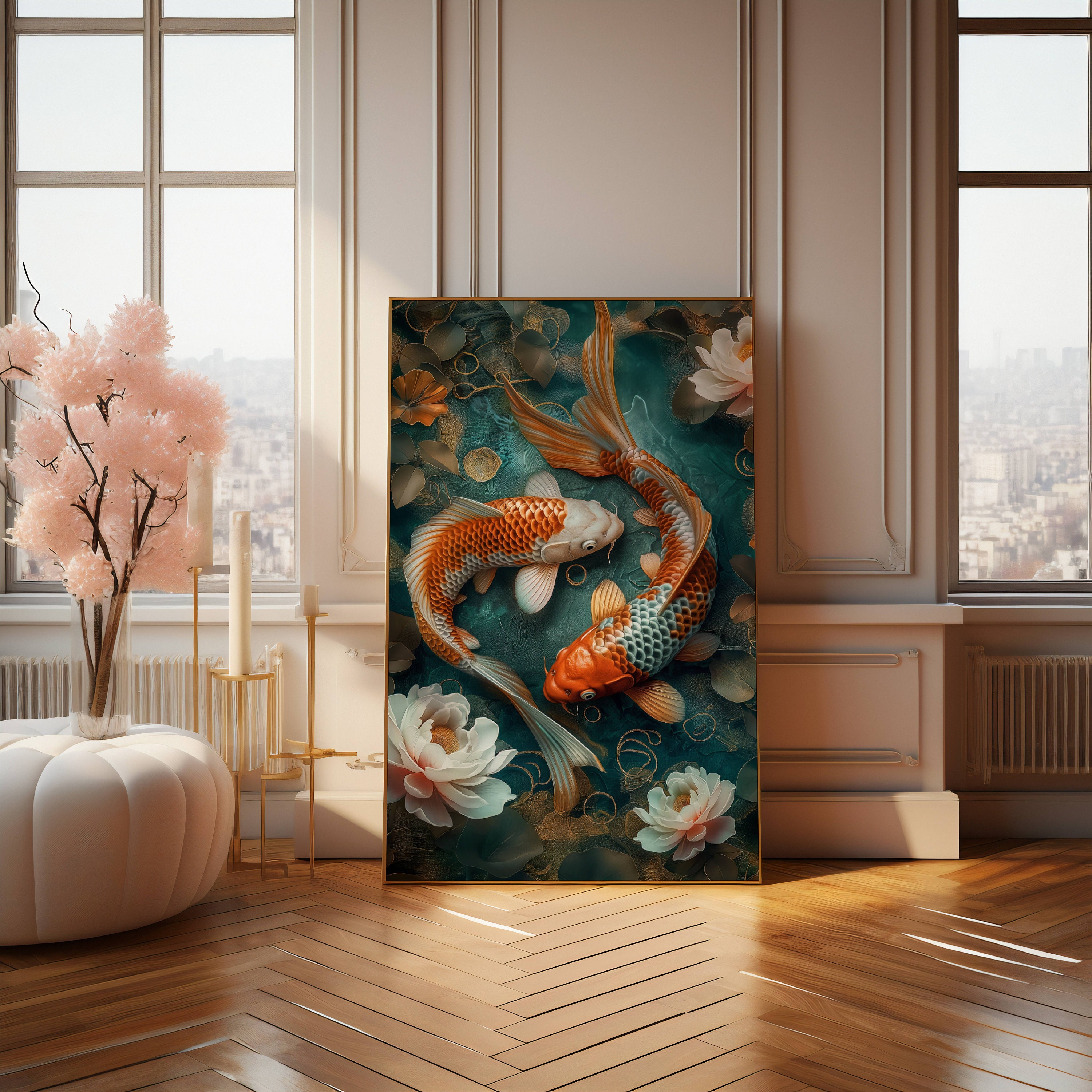Simetrical Fish Koi Fish in a Pond With Flowers, Symmetrical Harmony, Realistic Style ...