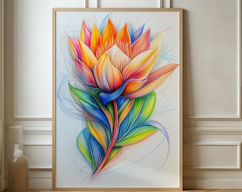May include: A colorful illustration of a protea flower with vibrant orange, yellow, blue, and green hues. The flower is drawn with intricate details and lines, creating a dynamic and artistic representation.