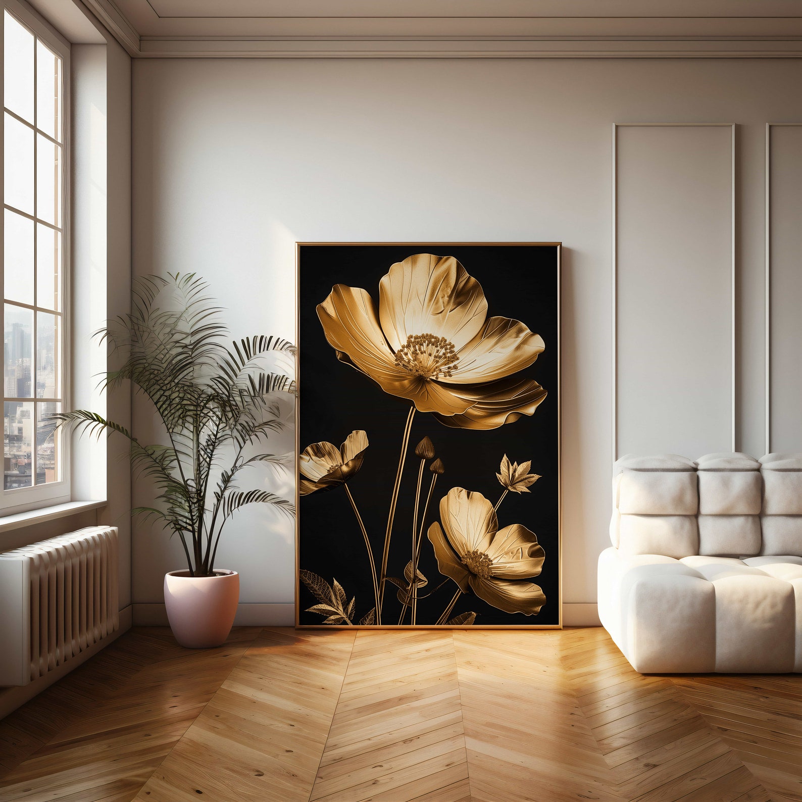 Modern Gold Flower Art Poster - Exquisite Metallic Gold Floral Wall
