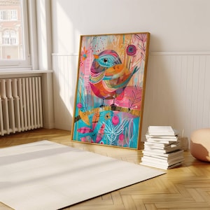 May include: A framed abstract painting of a colorful bird perched on a branch with pink, blue, and green foliage. The bird has a blue head, orange body, and yellow wings.