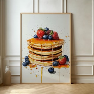 Leckere Pfannkuchen Kunstdruck - Leckeres Essen Poster mit Ahornsirup und Beeren für die Küche