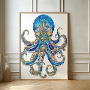 Majestic Blue Octopus Art Print - Vibrant Underwater Artwork for Coastal and Nautical Home Decor
