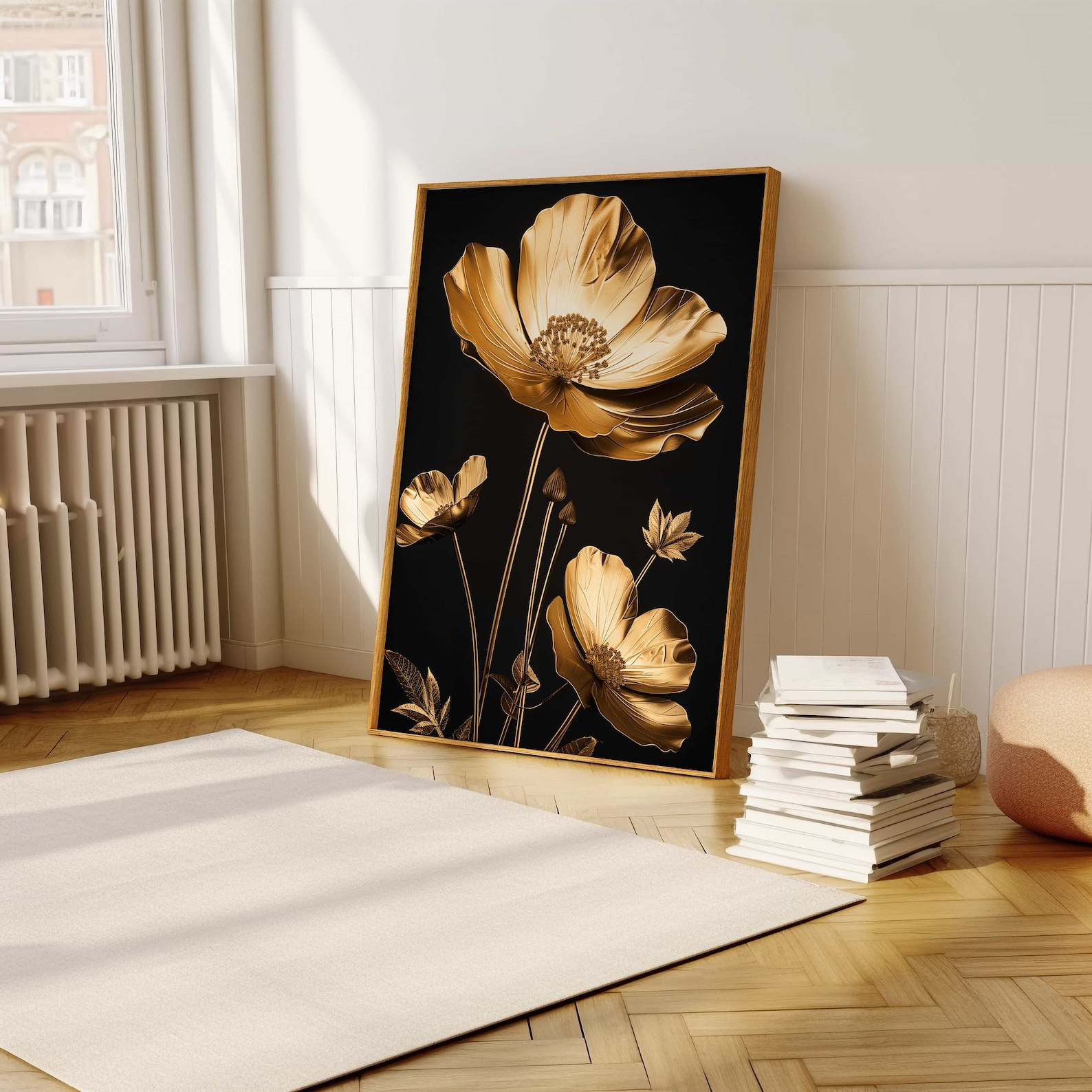 Modern Gold Flower Art Poster - Exquisite Metallic Gold Floral Wall ...