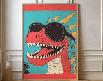 Póster de dinosaurio retro: gafas de sol geniales, arte de dinosaurio para habitación de niños