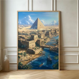 Epische Pyramiden-Ansicht Druck - Lebendige Wüstenszene mit Palmen und Nil, ideal für traditionelle und moderne Räume