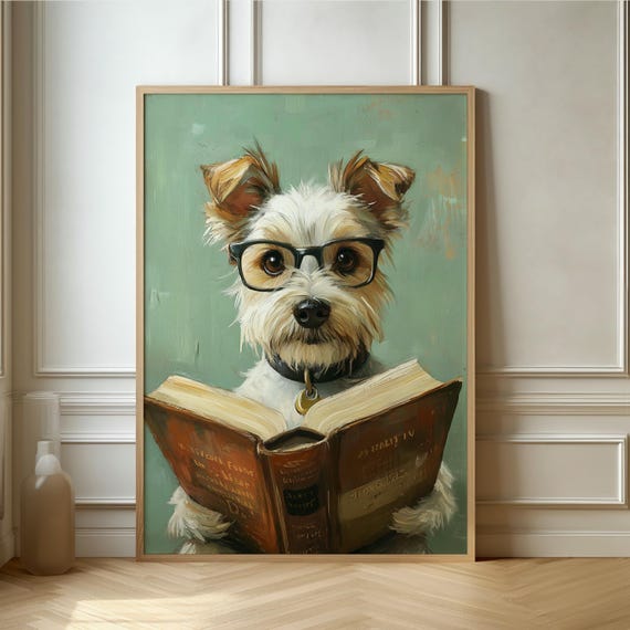Scholarly Pup Poster Charming Dog Reading Art Print for Animal