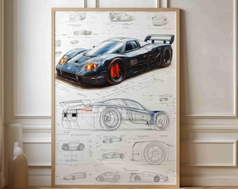 High-Performance Car Blueprint Poster - Stylish Automotive Sketch Decor