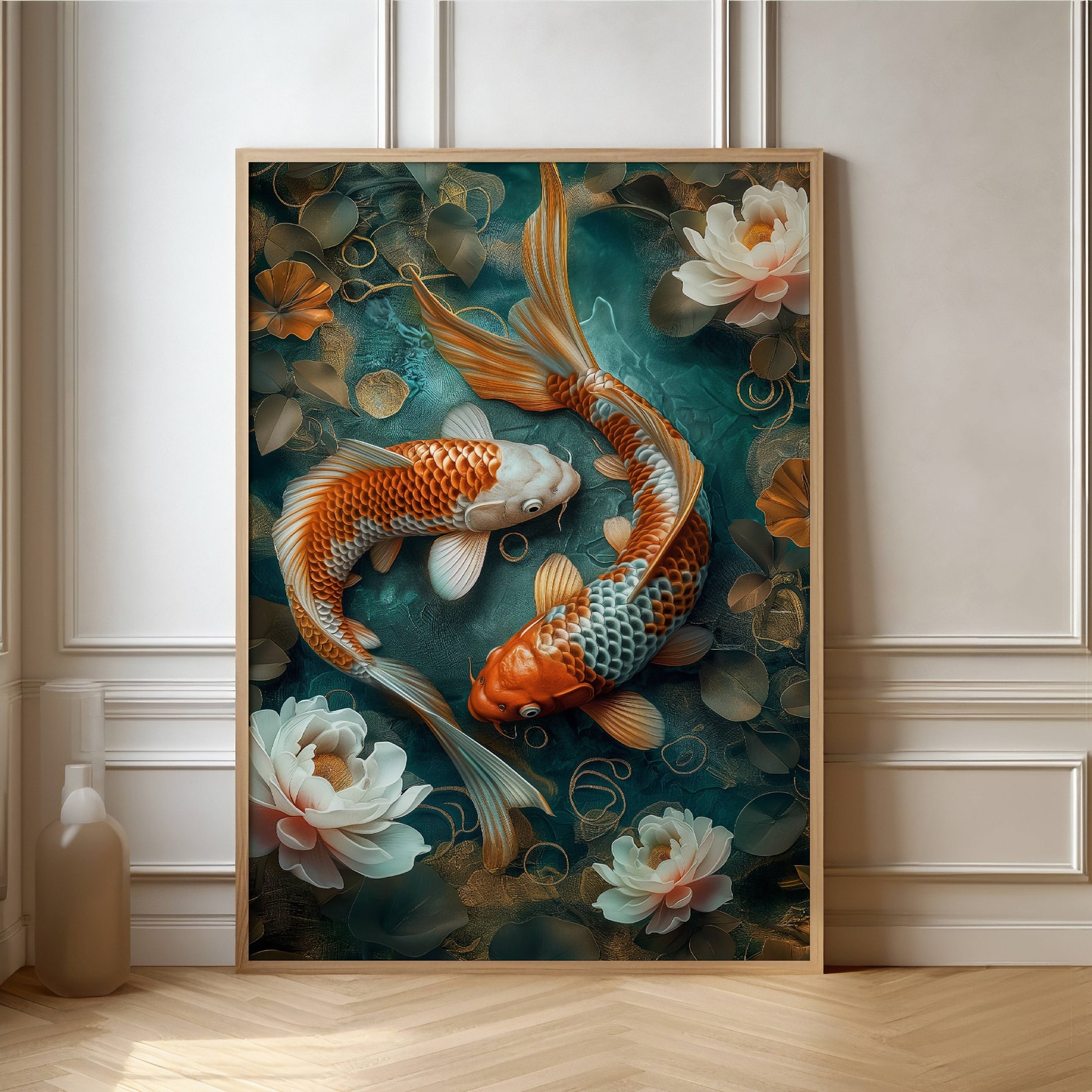 Simetrical Fish Koi Fish in a Pond With Flowers, Symmetrical Harmony, Realistic Style ...