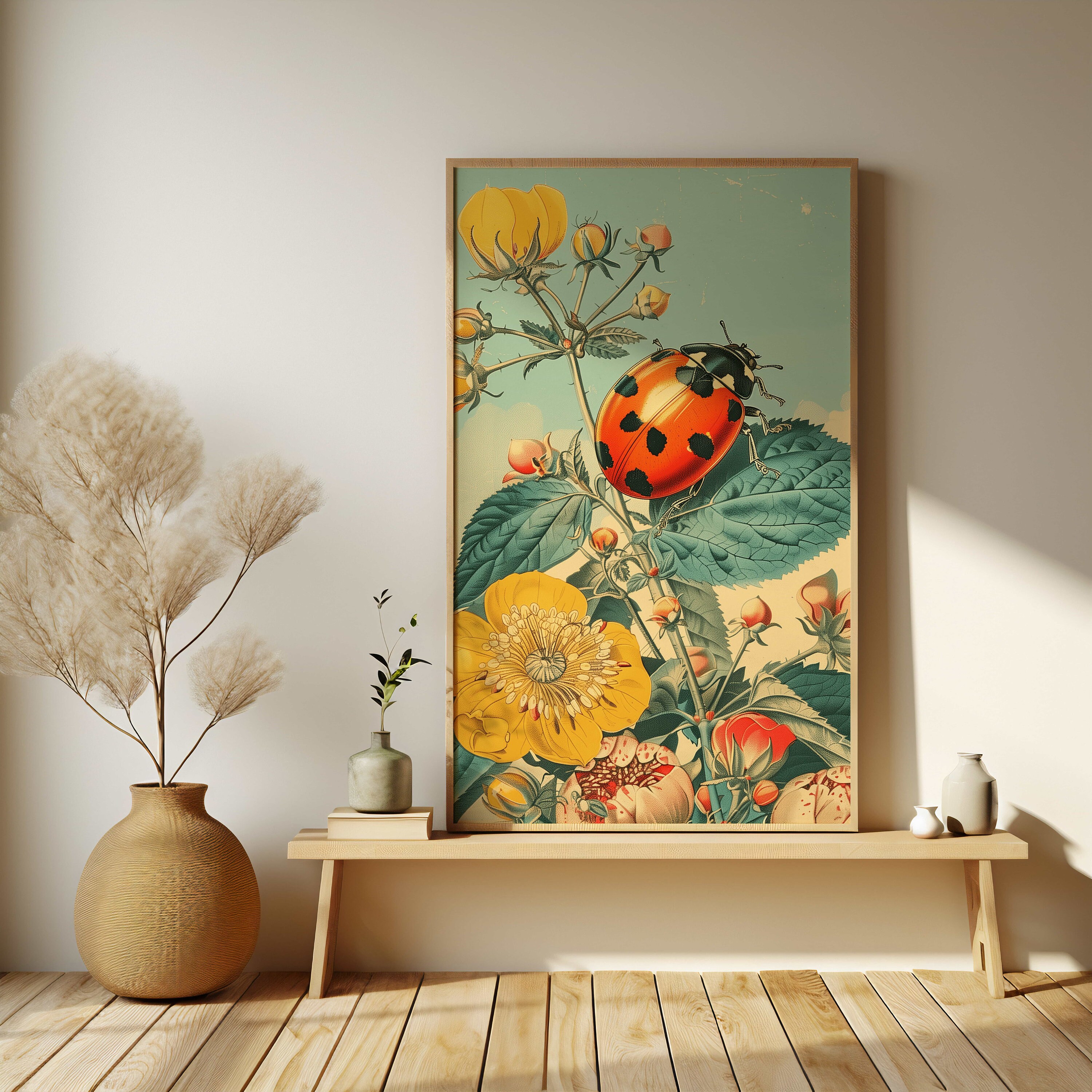 Colorful Vintage Ladybug Poster - Nature-inspired Flower and Bug Print ...