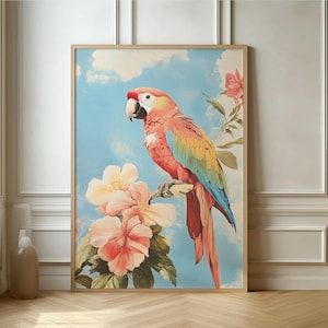 Vintage Papagei und Blumen Poster - Exotischer Vogel Kunstdruck für Wanddekoration