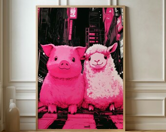 ピンクの豚と羊のポスター - 楽しいモダンアートプリント、遊び心の