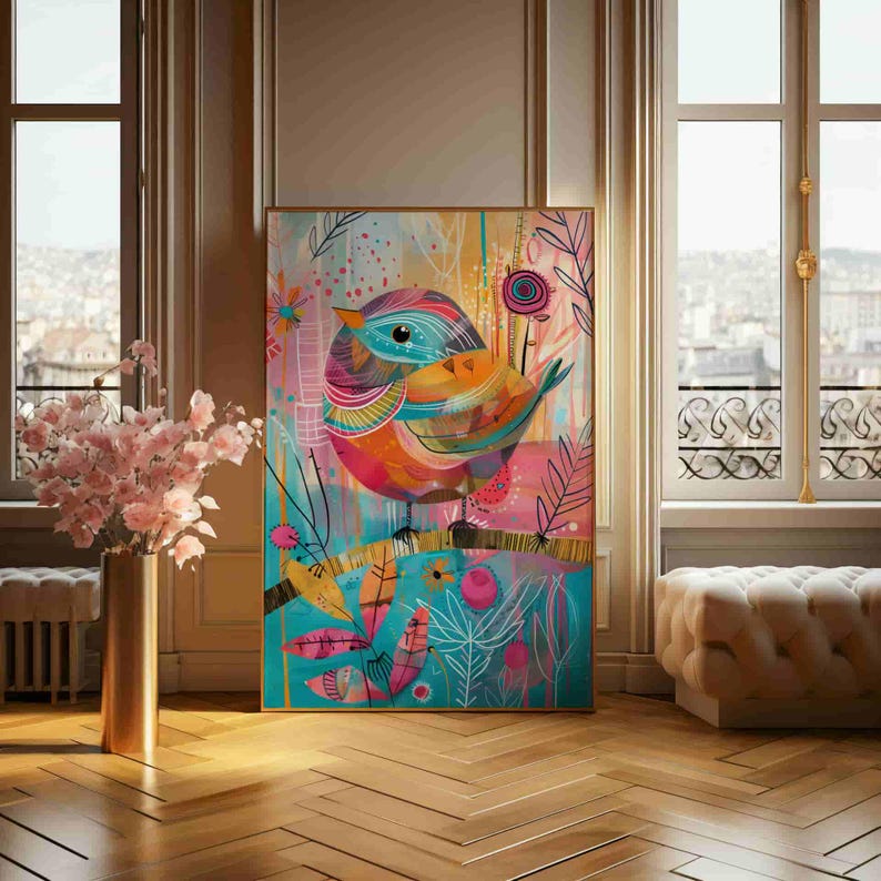 May include: A colorful abstract painting of a bird with blue, yellow, orange, and green feathers. The bird is perched on a branch with pink and green leaves. The background is a light blue and pink watercolor wash.