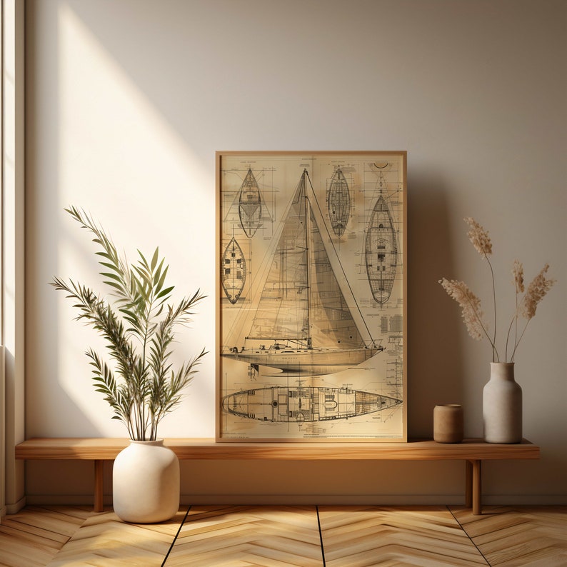Vintage Sailboat Blueprint Poster - Nautical Boat Diagram Wall Art for ...