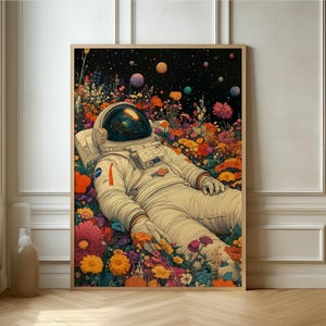 May include: An astronaut in a white spacesuit lies in a field of colourful flowers against a dark background with stars and planets.