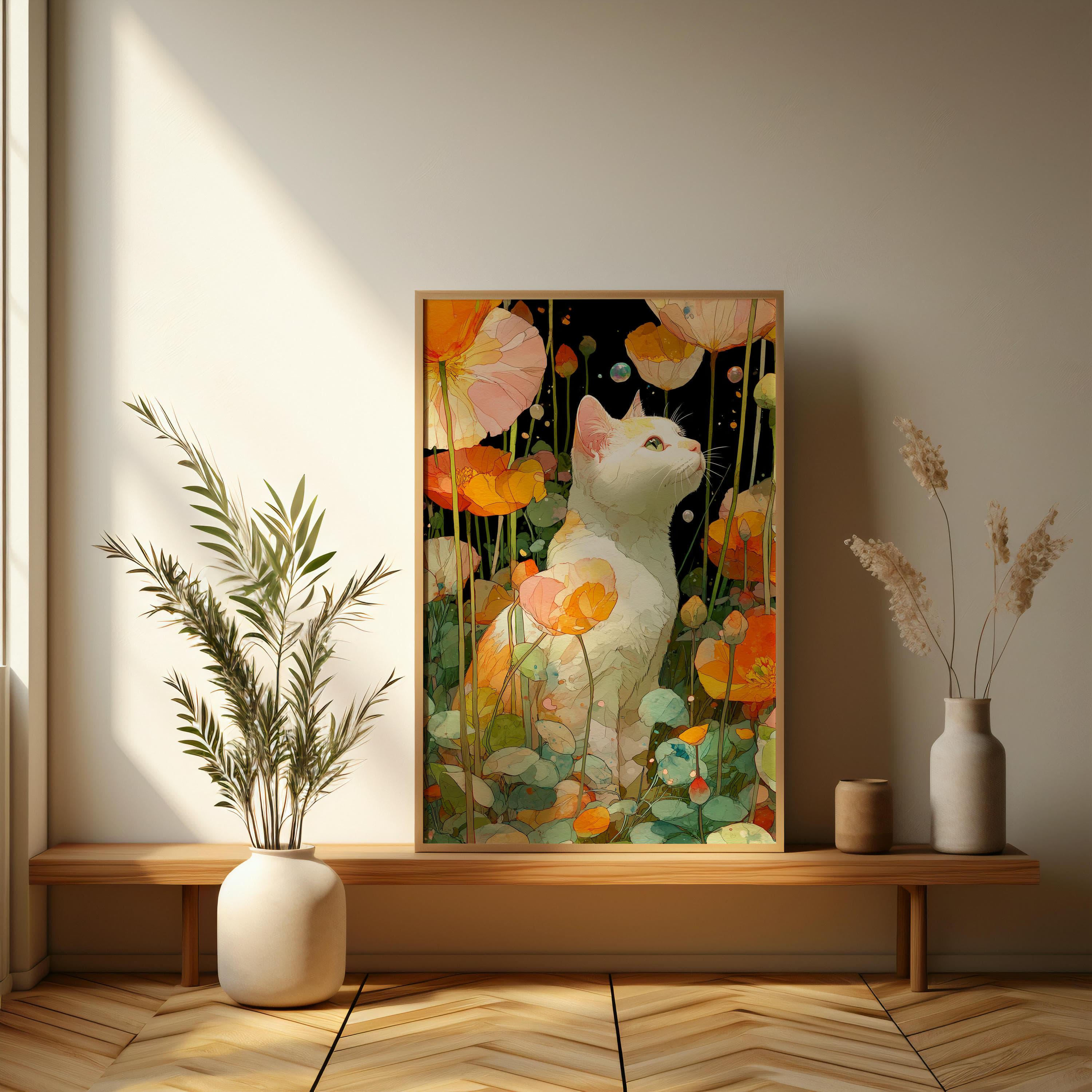 Floral Cat Art Print – Whimsical Nature Poster - Etsy