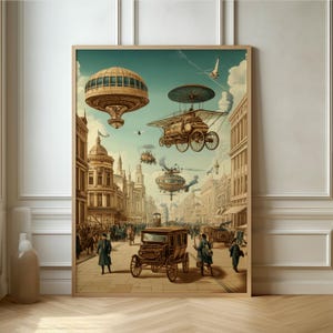 Fantasieposter stadslandschap - Steampunk-architectuur en luchtschepenkunst, perfect voor creatieve ruimtes en esthetische kamers